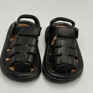 Drexlite‎ Black Leather Gladiator Sandals Sz 4 Hook Loop Closure Y2K